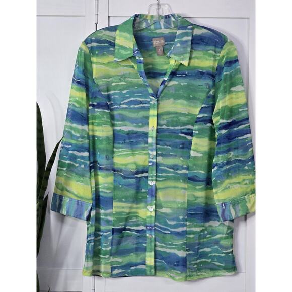 Chico's Womens Medium Micro Mesh 3Q Sleeve Button Front Multicolor Top Coastal - Picture 1 of 5
